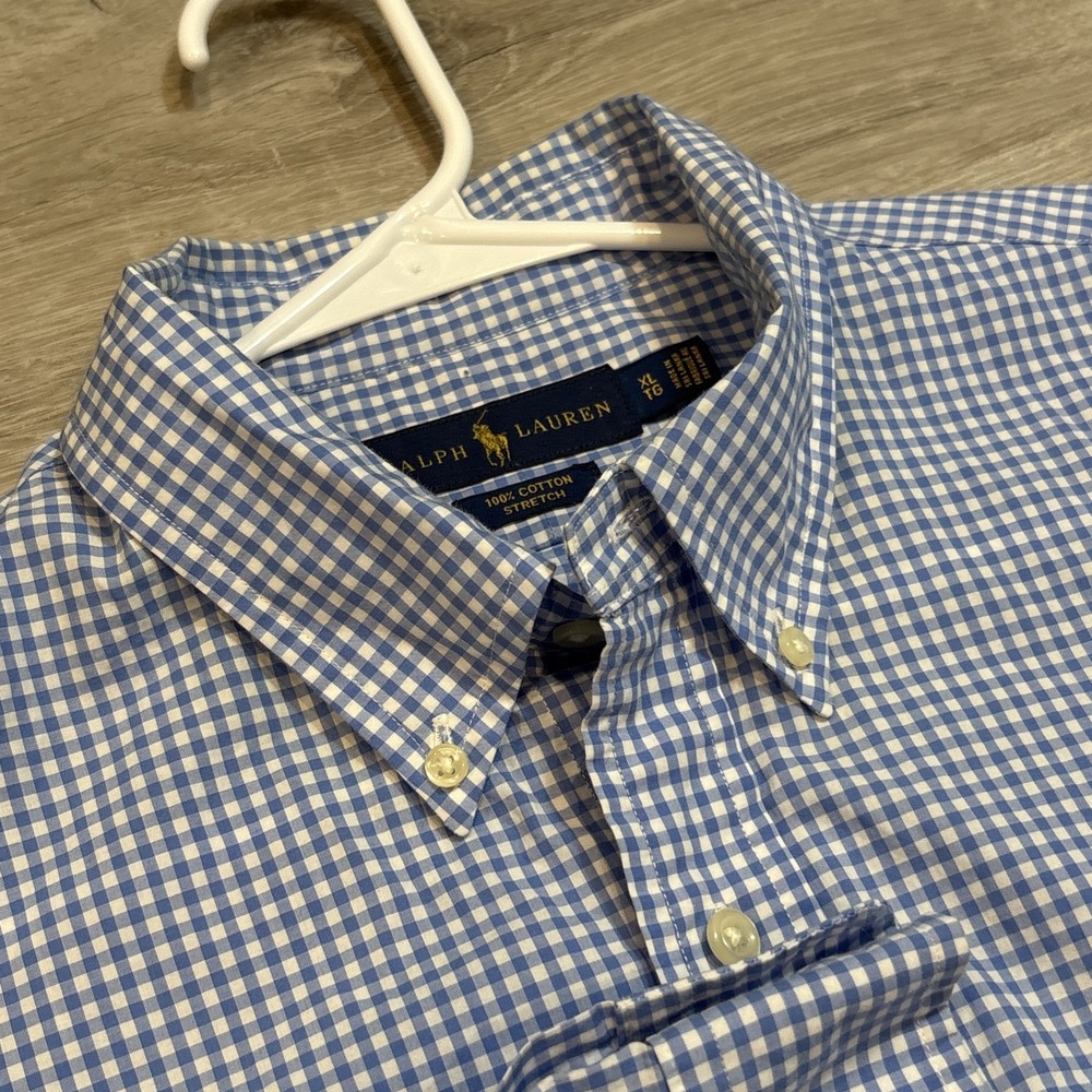 Polo Ralph Lauren Stretch Shirt Mens‎ XL Blue White Oxford Pony Gingham Check - Picture 5 of 7